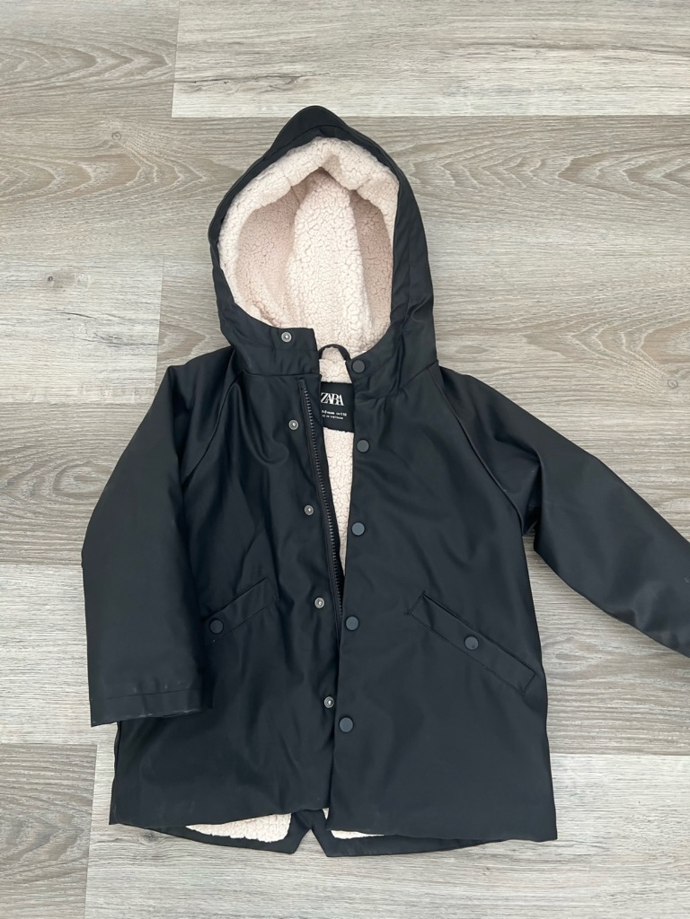 Zara Black Hooded Raincoat with Cream Sherpa Lining